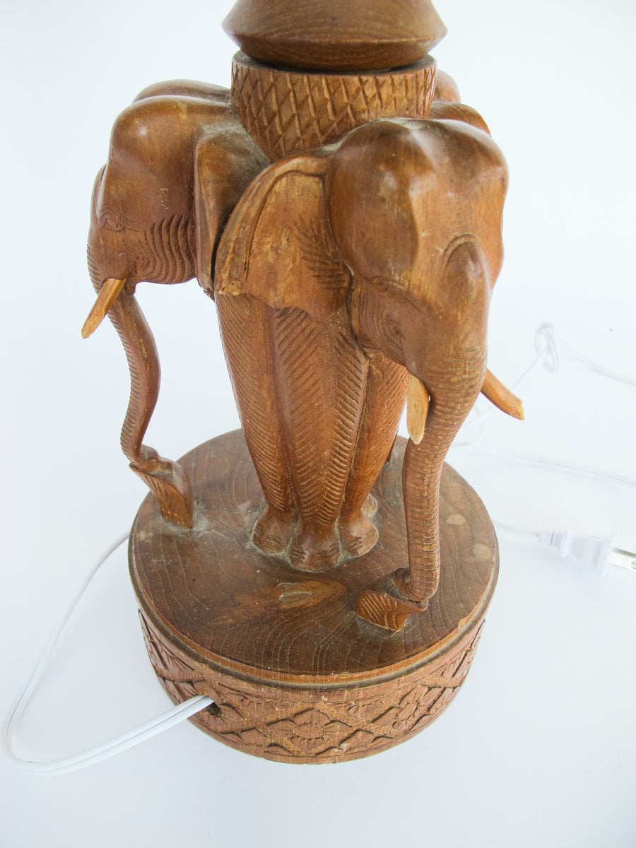 Wood Carved Elephant Base Table Lamp with Shade