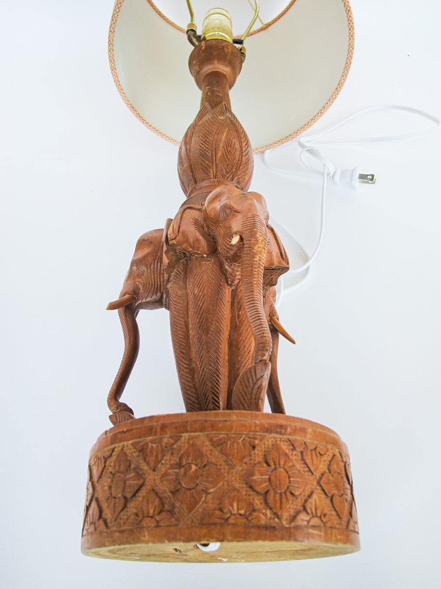 Wood Carved Elephant Base Table Lamp with Shade