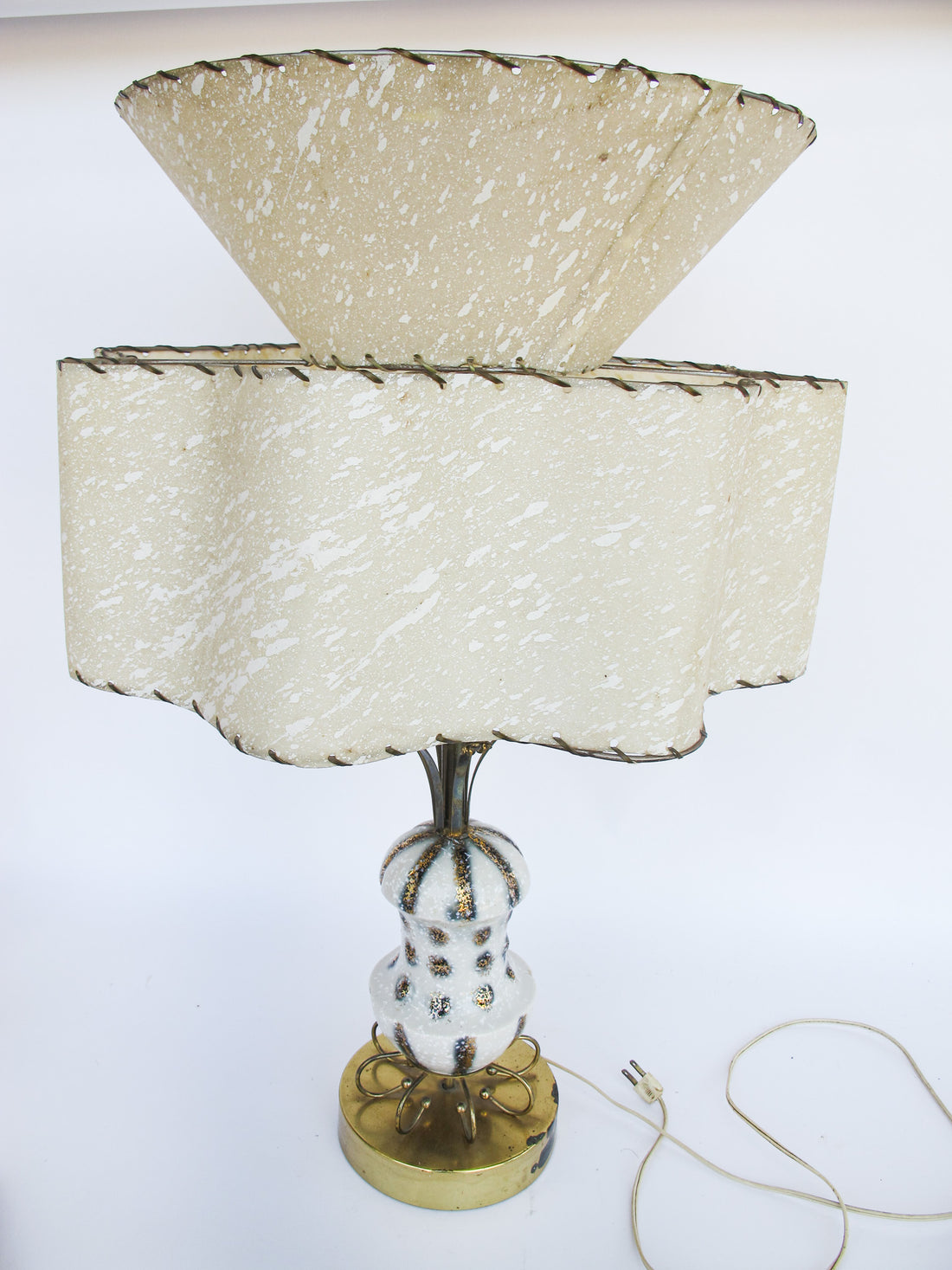 Midcentury Floral Ceramic and Brass Lamp with Original Curved Shade