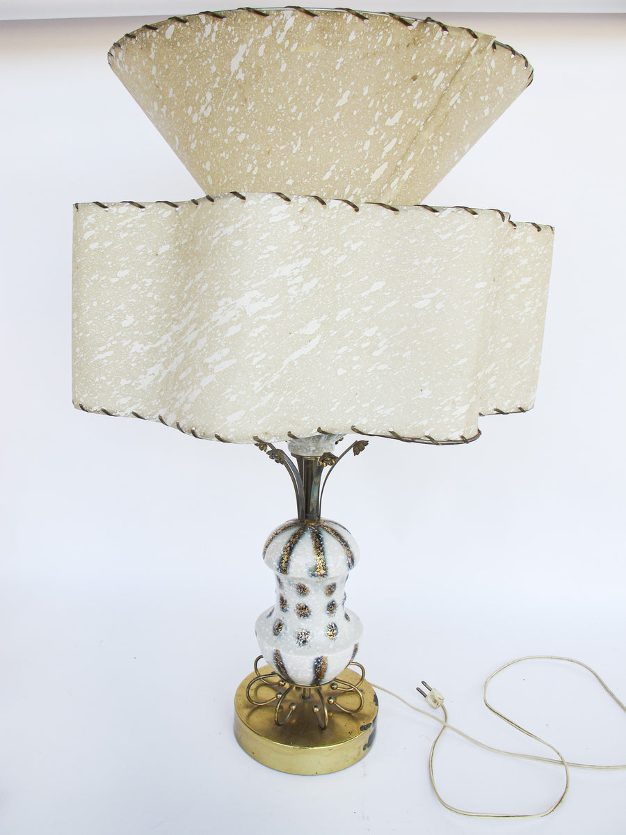 Midcentury Floral Ceramic and Brass Lamp with Original Curved Shade