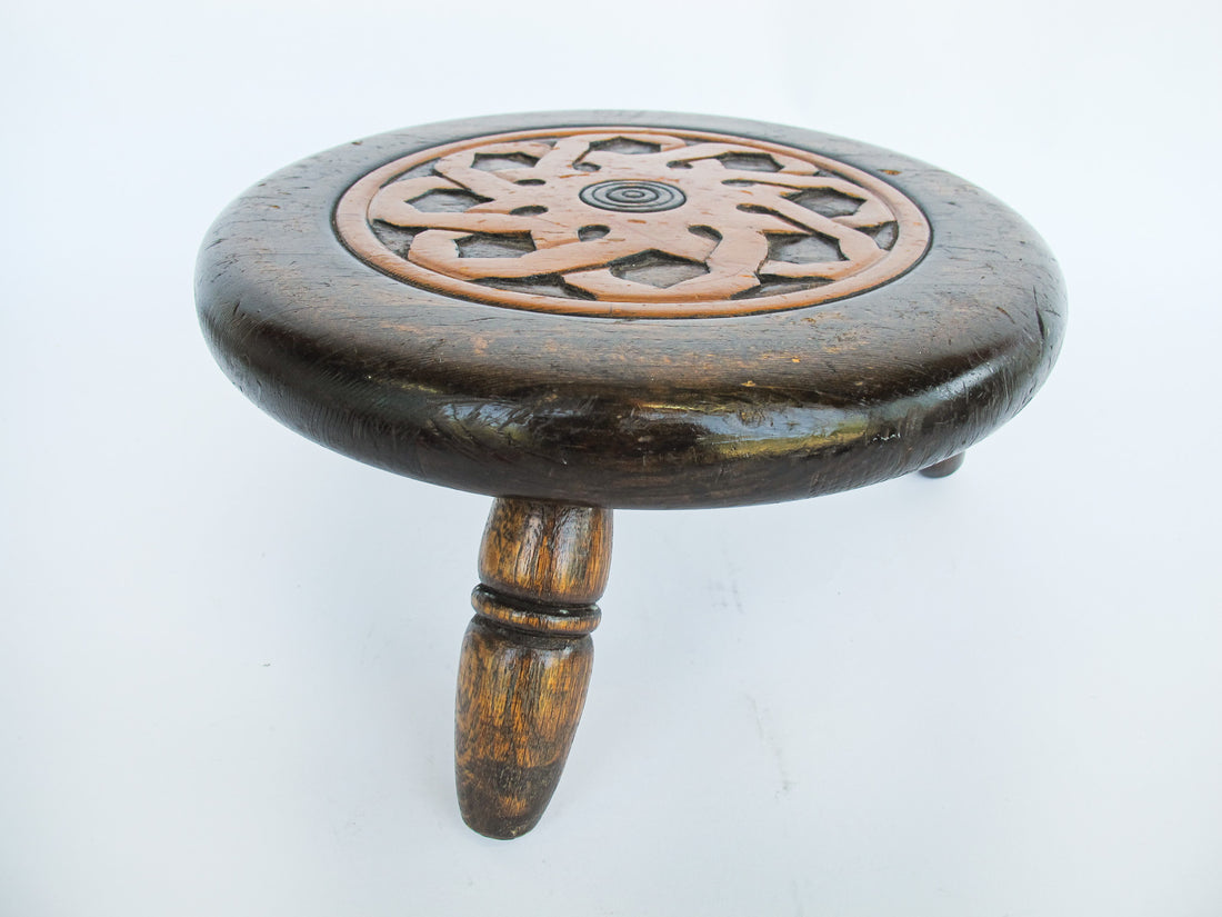 Primitive Hand Carved Gaelic Nordic Wood Stool