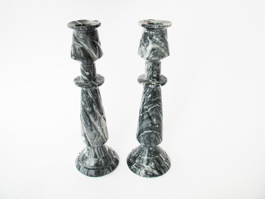 Tall Moody Black and White Swirl Onyx Candle Holders - Set of 2