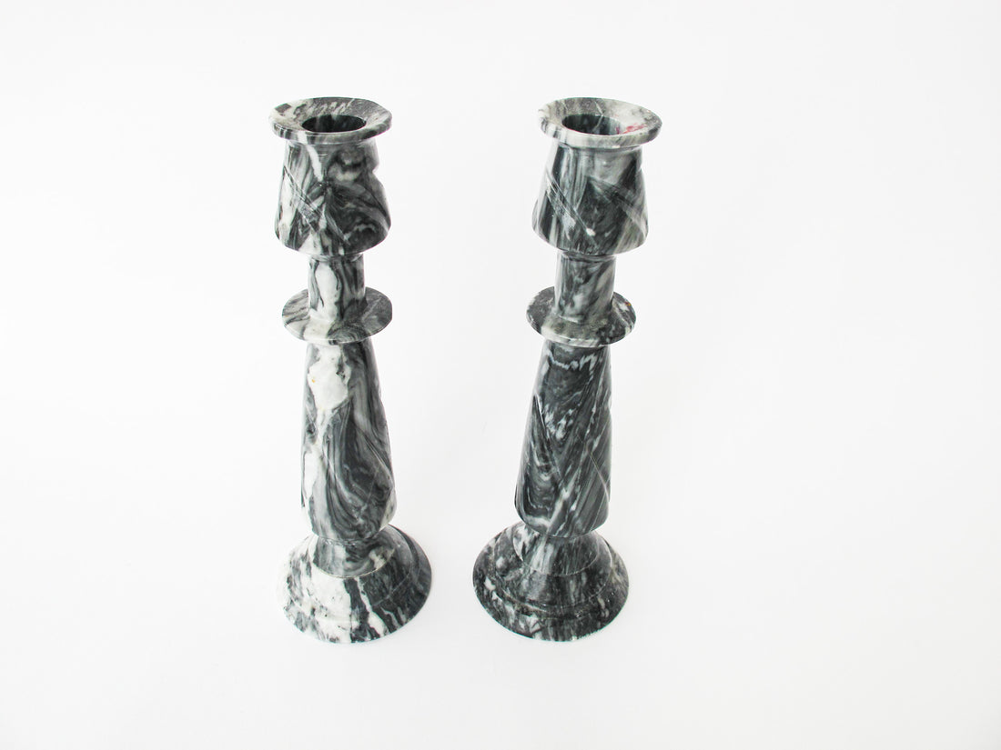 Tall Moody Black and White Swirl Onyx Candle Holders - Set of 2