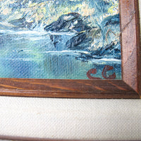 Small Vintage Mountain Landscape Painting with Original Wood Frame 1988 by Artist Sue