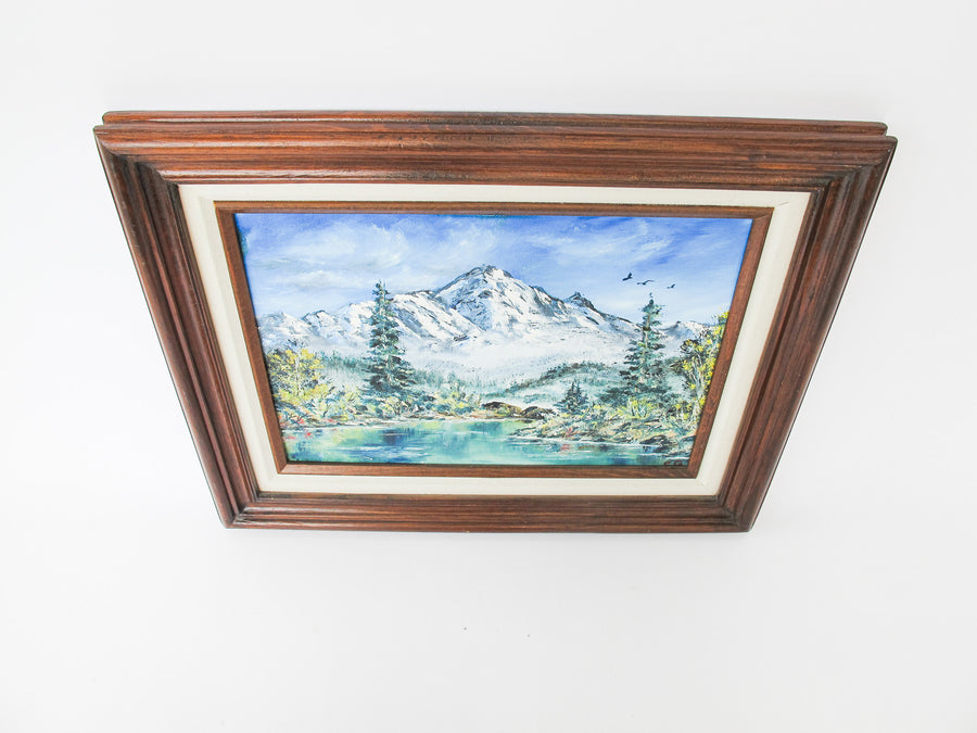 Small Vintage Mountain Landscape Painting with Original Wood Frame 1988 by Artist Sue