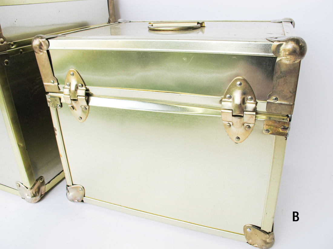 Metallic Chrome and Brass Sheet Metal Wood Trunks (Each Sold Separately)