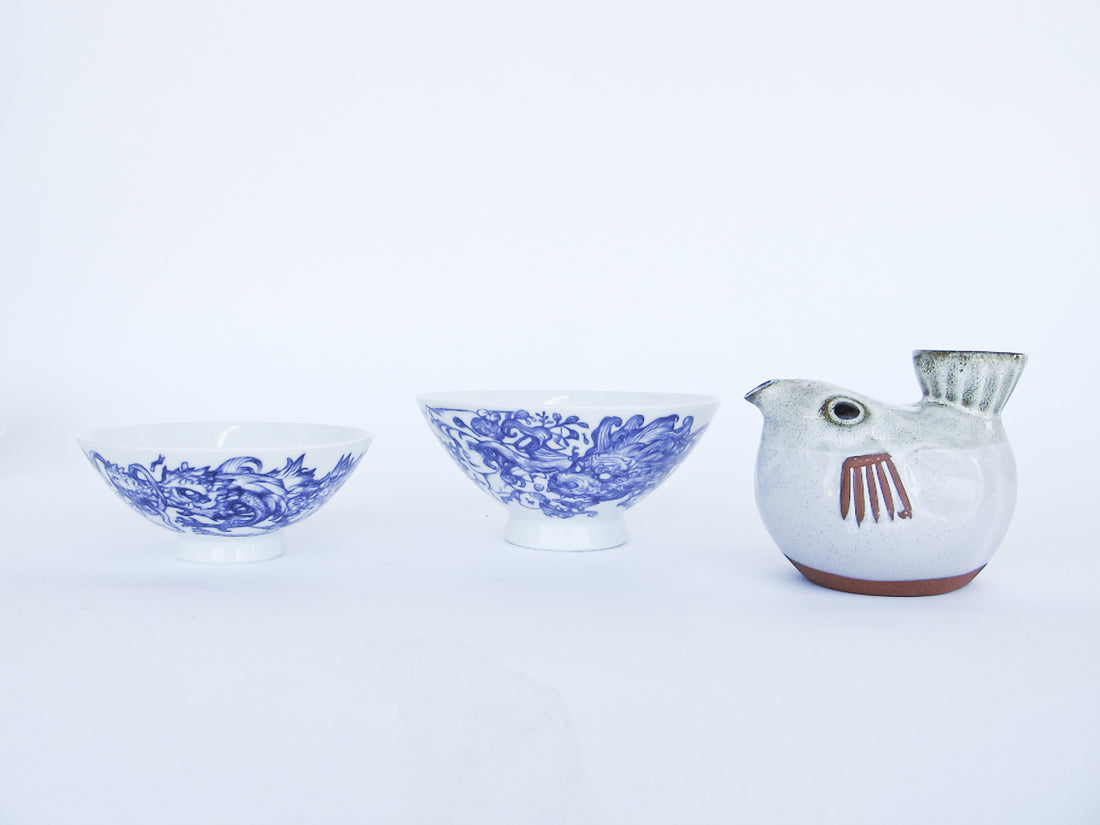 Japanese Illustrator Ramen Bowls bone china porcelain ceramic pufferfish vintage made in Japan