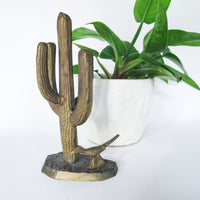 Brass Saguaro Cactus and Roadrunner Sculpture Statue