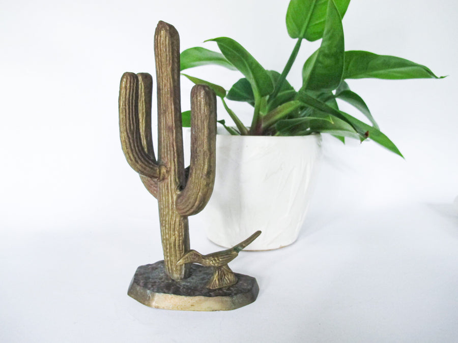 Brass Saguaro Cactus and Roadrunner Sculpture Statue