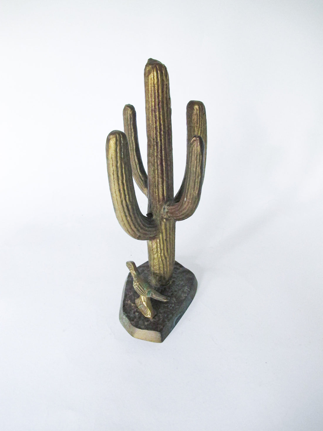 Brass Saguaro Cactus and Roadrunner Sculpture Statue