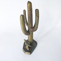 Brass Saguaro Cactus and Roadrunner Sculpture Statue