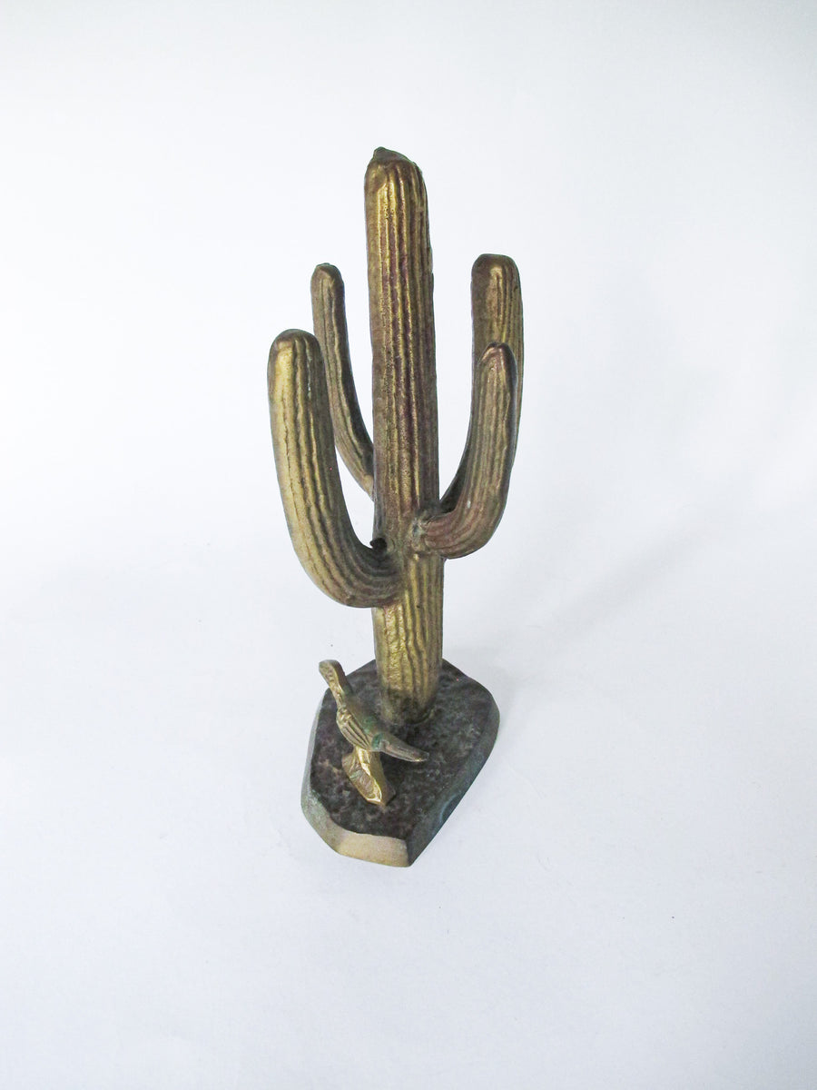 Brass Saguaro Cactus and Roadrunner Sculpture Statue