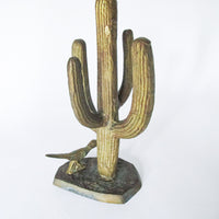 Brass saguaro cactus with road runner vintage California