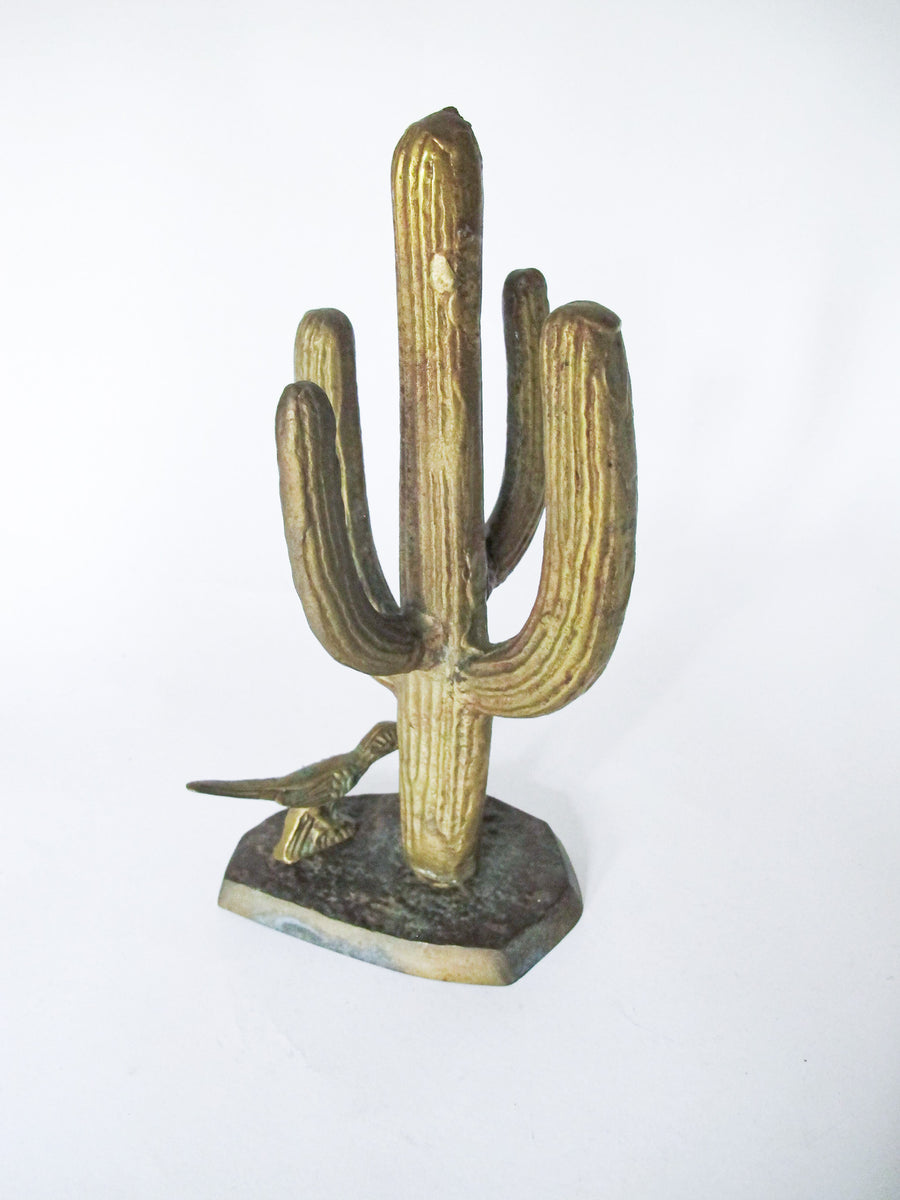 Brass saguaro cactus with road runner vintage California