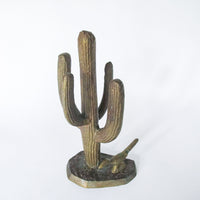 Brass Saguaro Cactus and Roadrunner Sculpture Statue