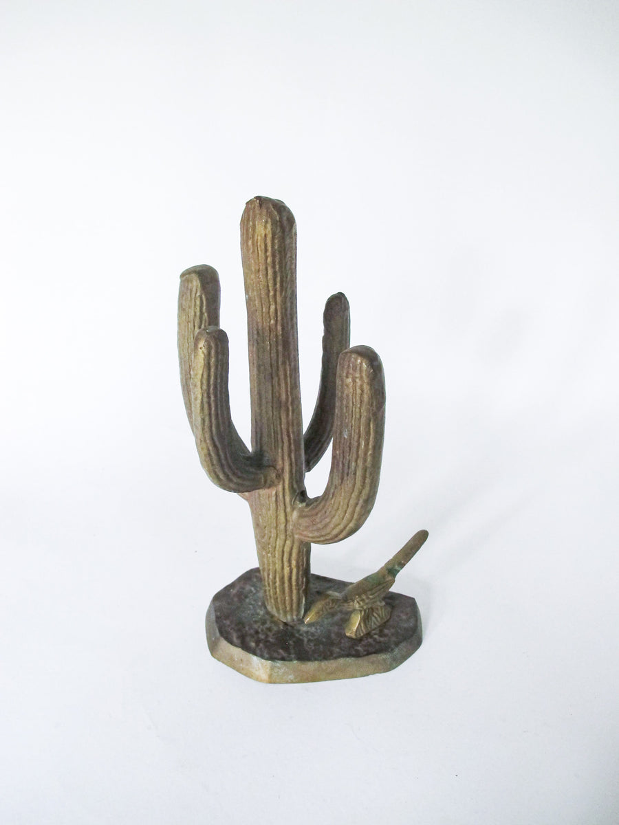 Brass Saguaro Cactus and Roadrunner Sculpture Statue