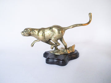 Mounted Brass Cougar Sculpture Figure Vintage