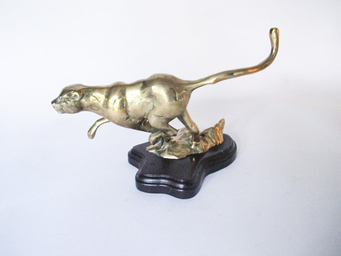 Mounted Brass Cougar Sculpture Figure Vintage