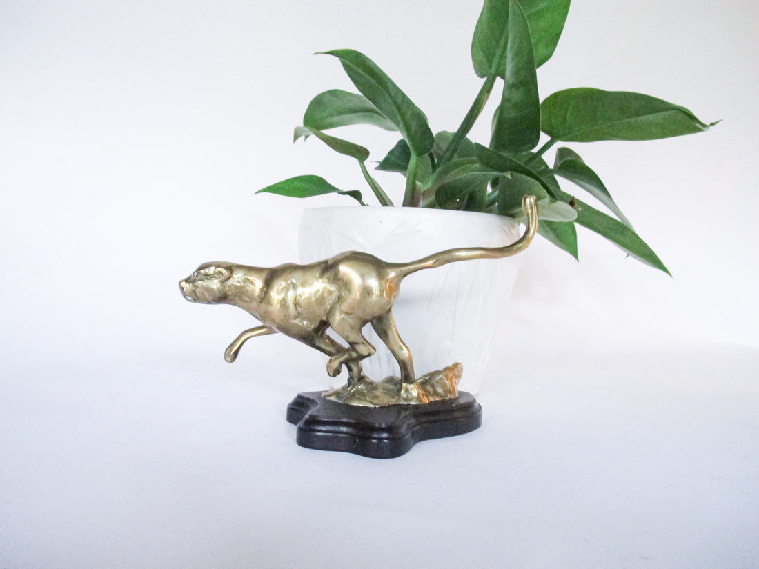 Mounted Brass Cougar Sculpture Figure Vintage