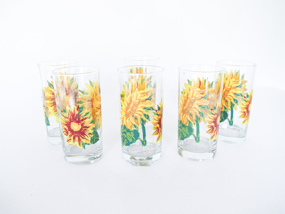 6 Vintage Sunflower Tumblers Water Glasses