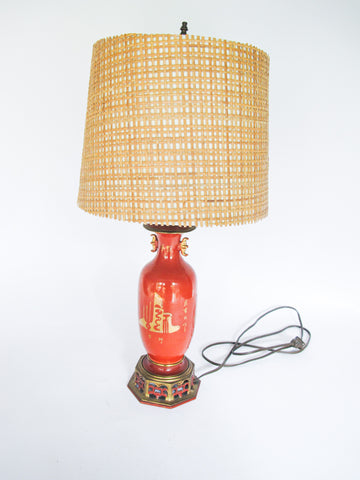 Antique Asian Lamp Burnt Orange and Gold with Rattan Shade