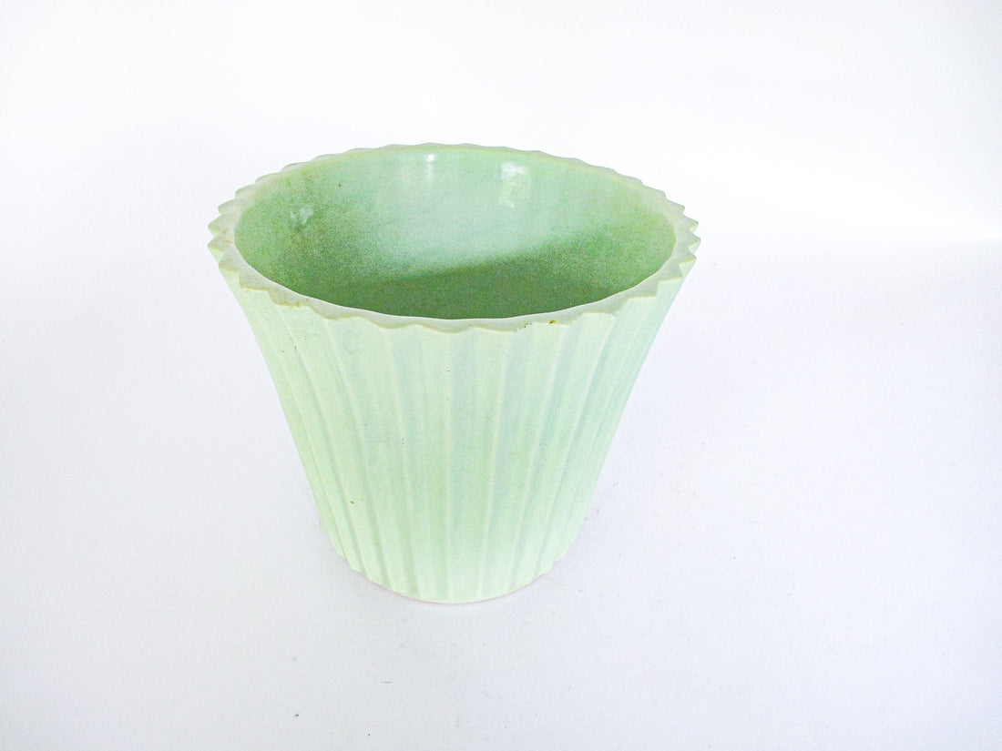 midcentury seafoam green textured waved ceramic plant pot