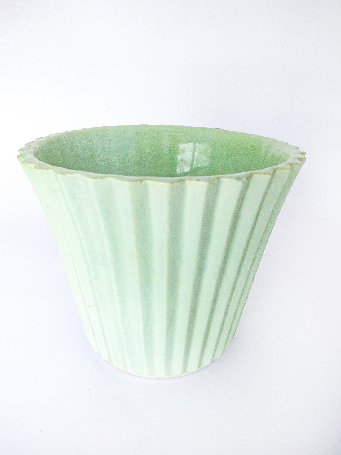 midcentury seafoam green textured waved ceramic plant pot