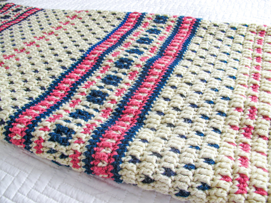 Knitted Scandinavian Style Blanket Pink Navy and White