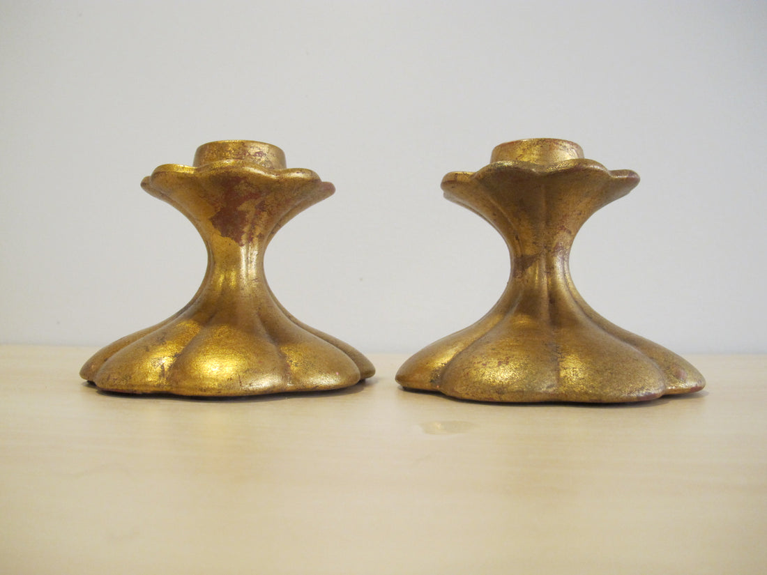 Candlestick Holders Gold Painted Ceramic 552 USA signed Vintage Freeman McFarlin pottery