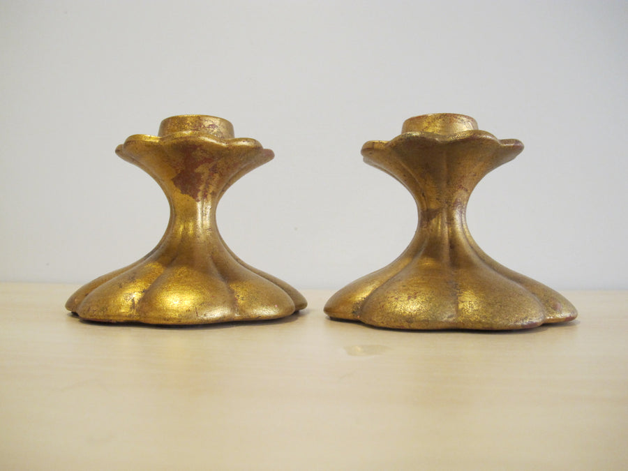 Candlestick Holders Gold Painted Ceramic 552 USA signed Vintage Freeman McFarlin pottery