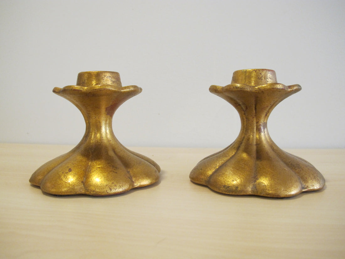 Candlestick Holders Gold Painted Ceramic 552 USA signed Vintage Freeman McFarlin pottery