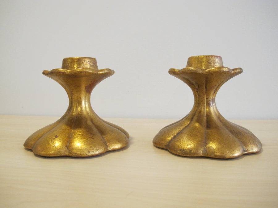 Candlestick Holders Gold Painted Ceramic 552 USA signed Vintage Freeman McFarlin pottery