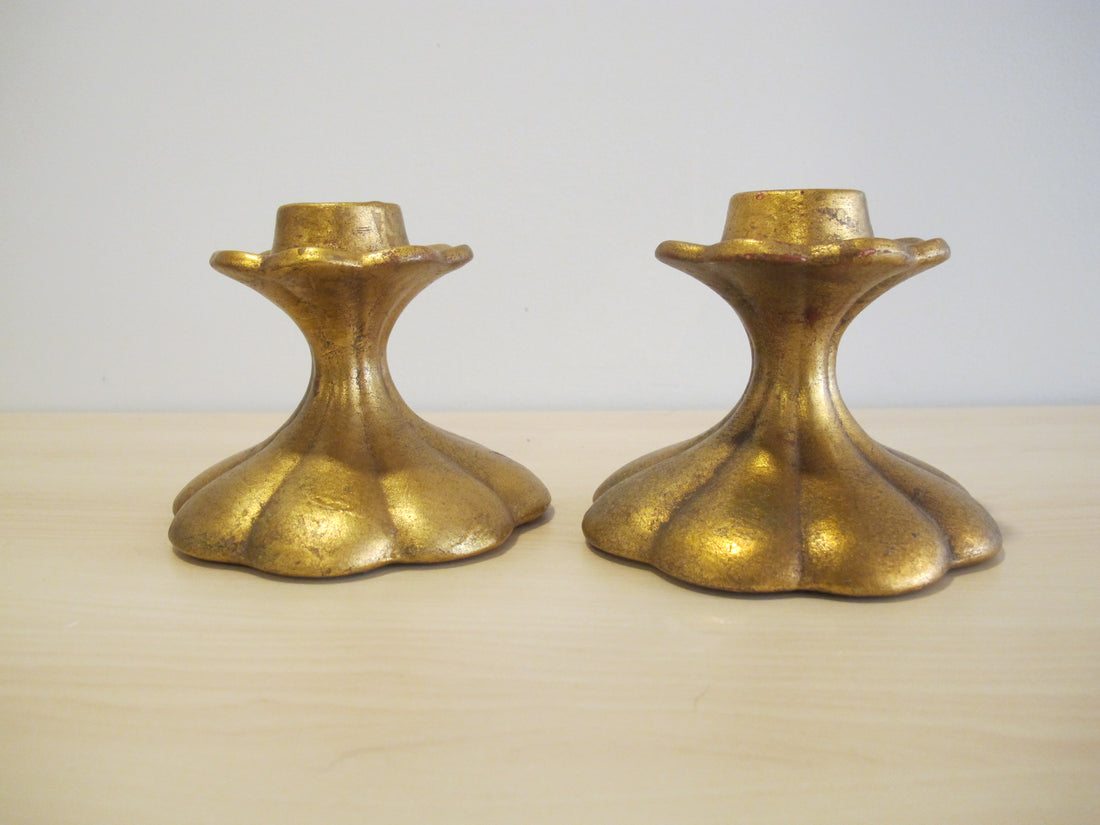 Candlestick Holders Gold Painted Ceramic 552 USA signed Vintage Freeman McFarlin pottery