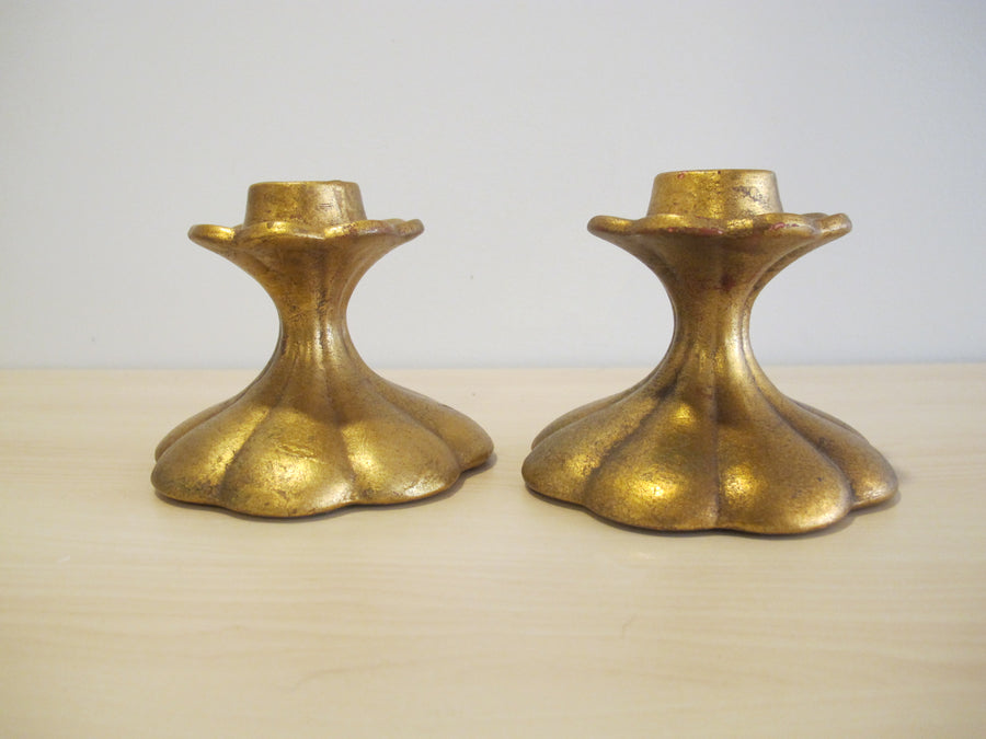 Candlestick Holders Gold Painted Ceramic 552 USA signed Vintage Freeman McFarlin pottery