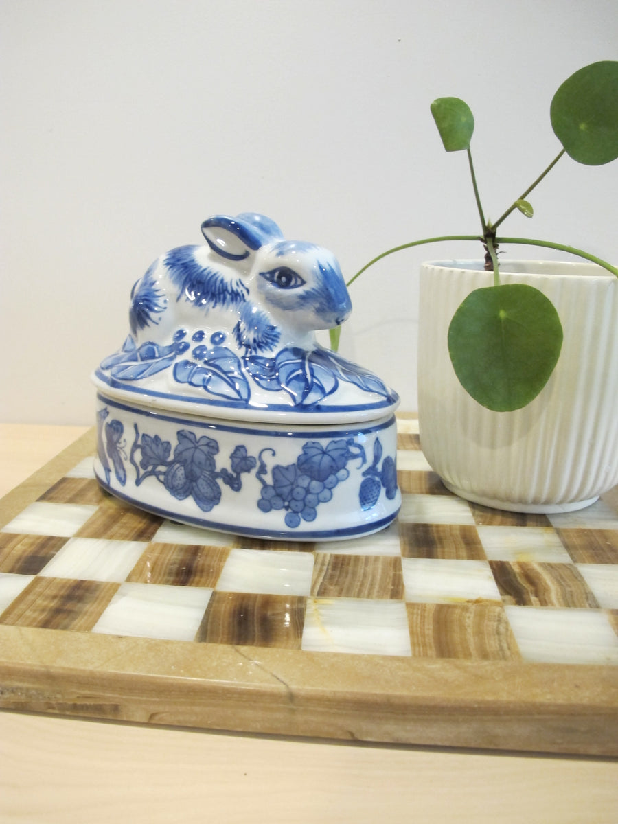Porcelain Bunny Rabbit Box Blue and White Porcelain