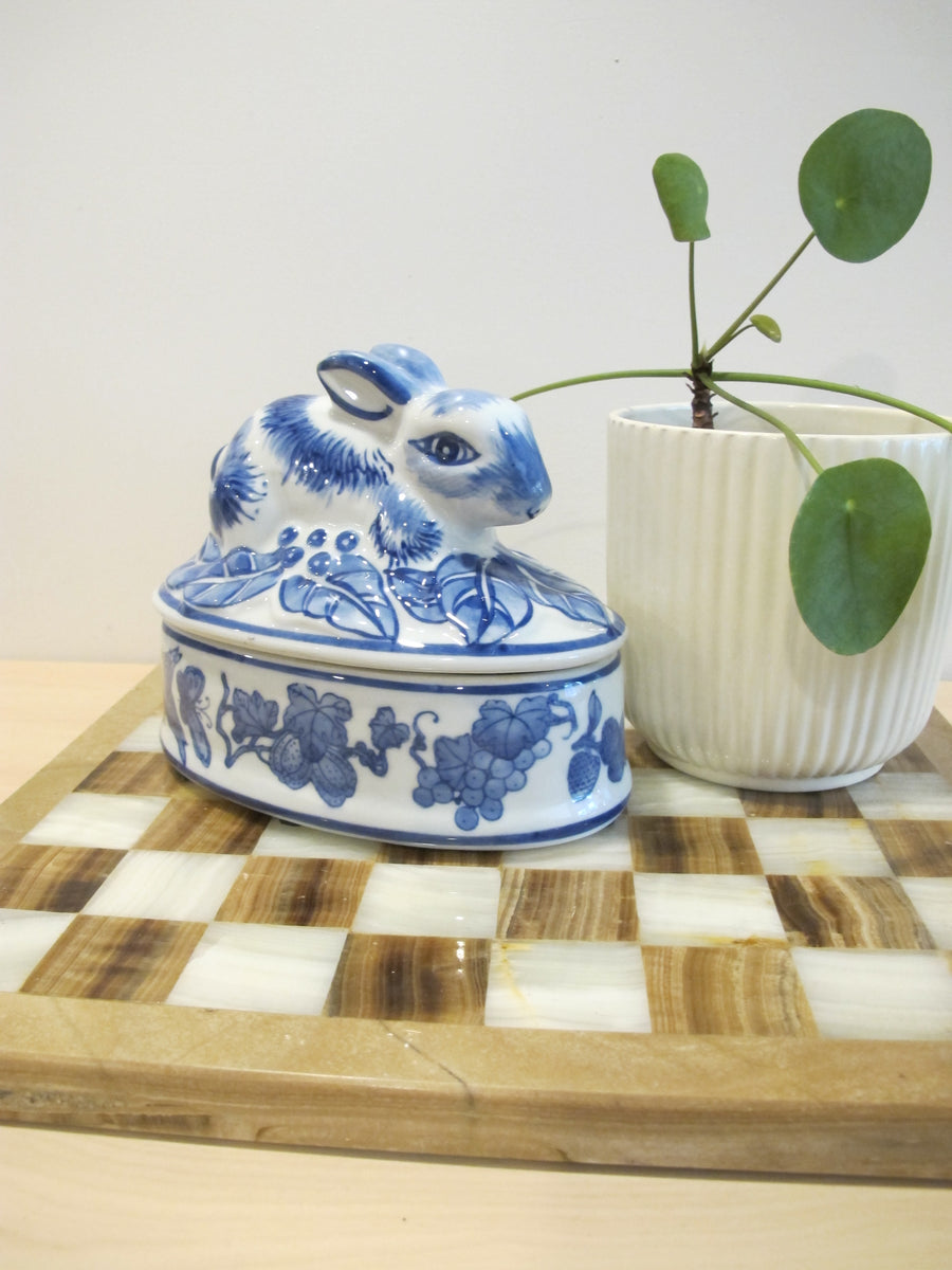 Porcelain Bunny Rabbit Box Blue and White Porcelain
