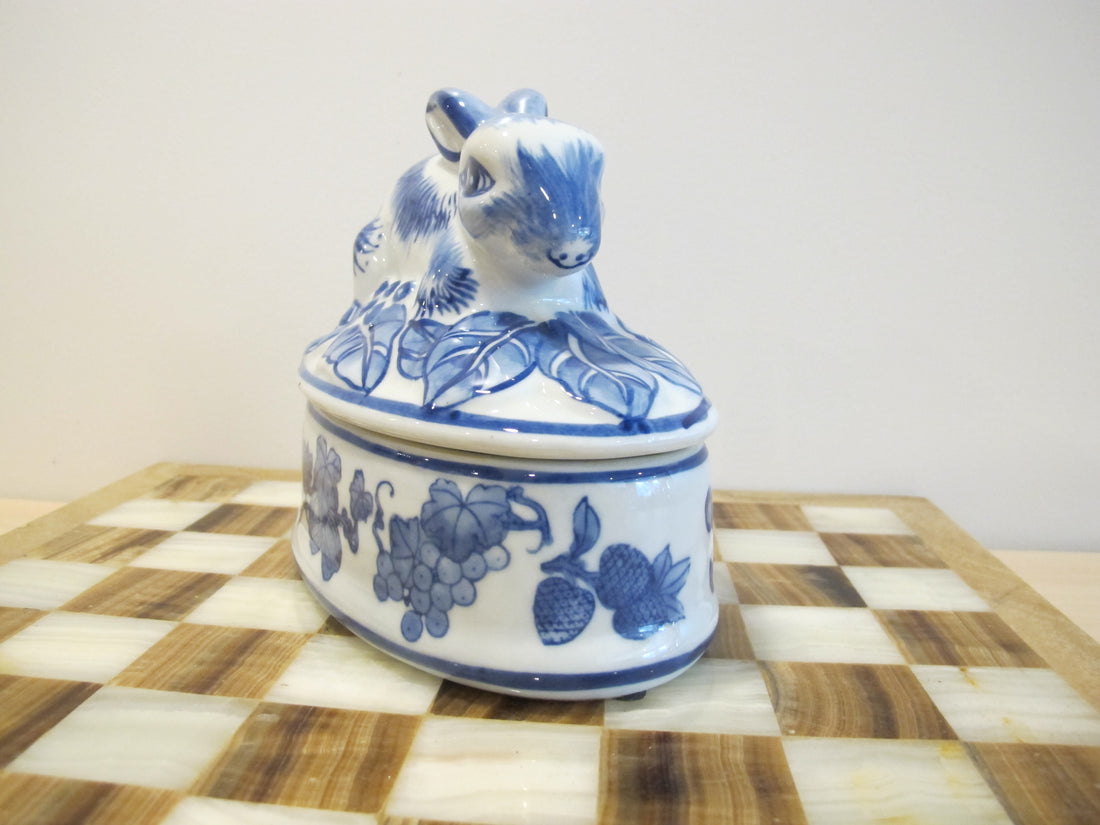 Porcelain Bunny Rabbit Box Blue and White Porcelain