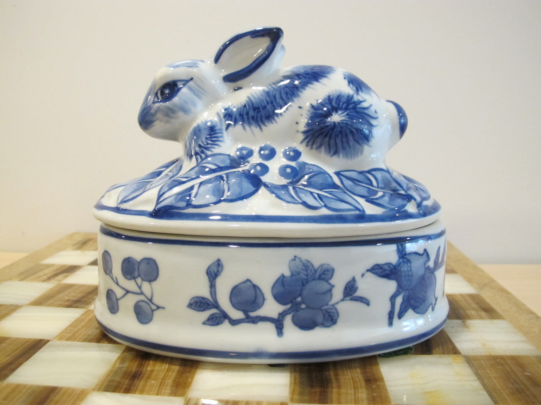 Porcelain Bunny Rabbit Box Blue and White Porcelain