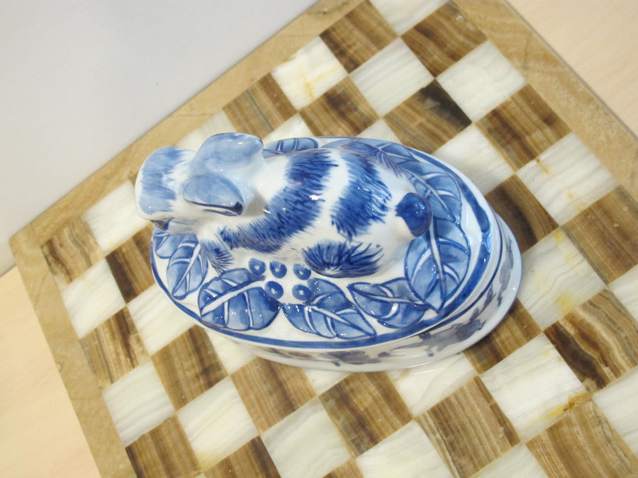 Porcelain Bunny Rabbit Box Blue and White Porcelain