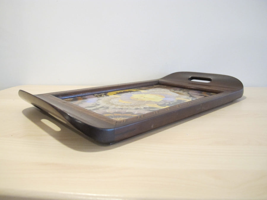 Butterfly Wing Tray From Brazil with Hand Carved Wood Frame and Glass Top