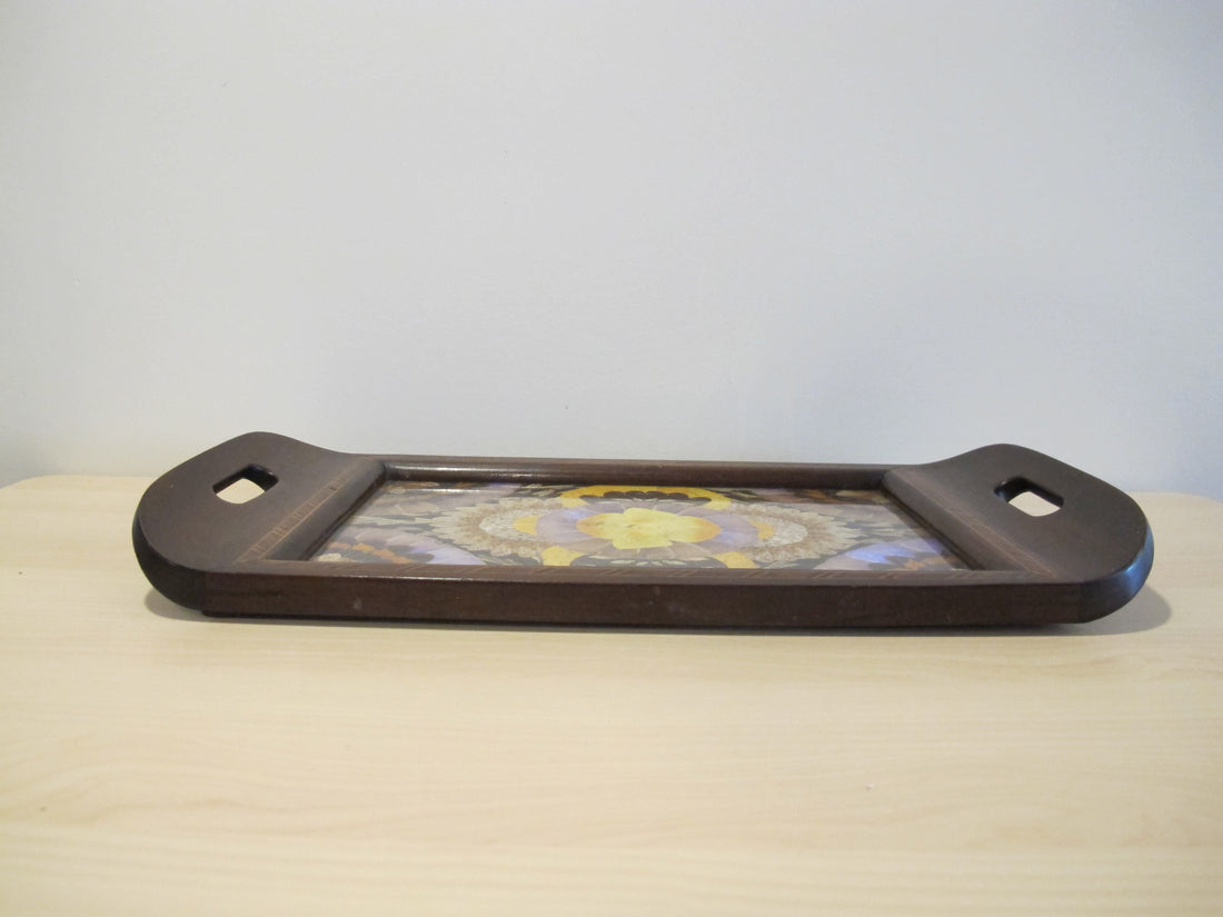 Butterfly Wing Tray From Brazil with Hand Carved Wood Frame and Glass Top