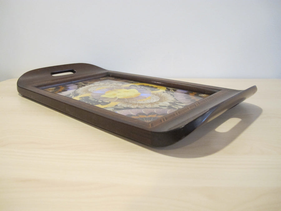 Butterfly Wing Tray From Brazil with Hand Carved Wood Frame and Glass Top