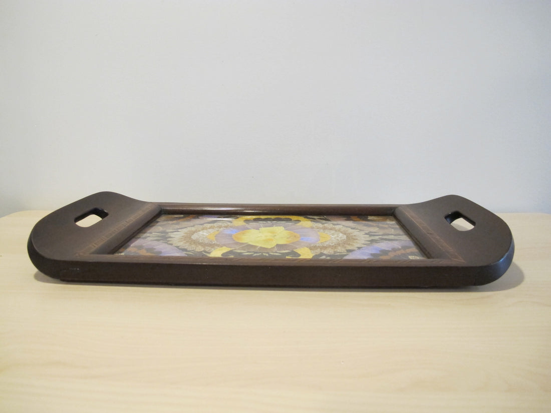 Butterfly Wing Tray From Brazil with Hand Carved Wood Frame and Glass Top