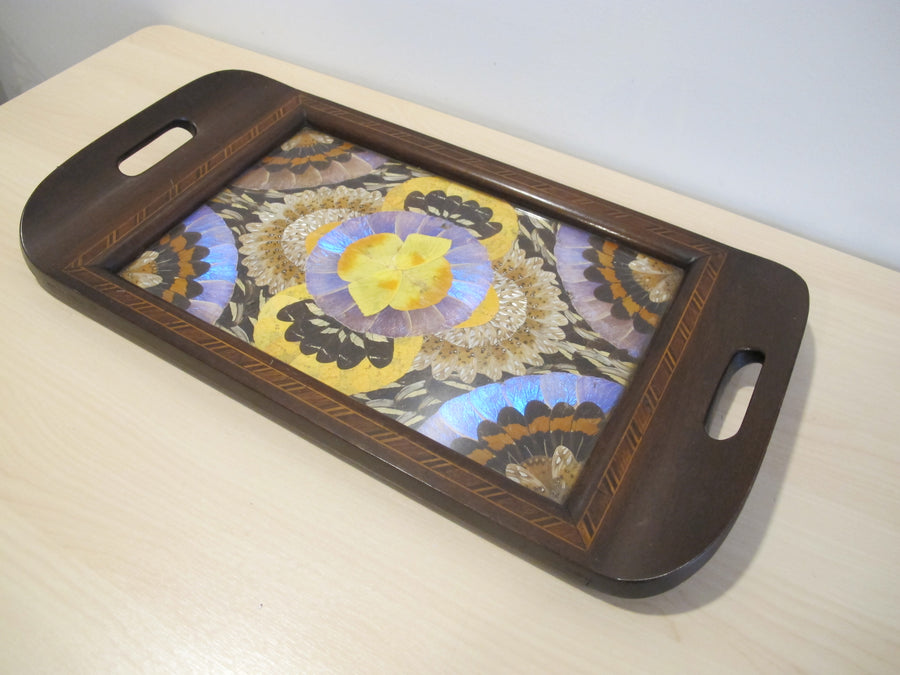 Butterfly Wing Tray From Brazil with Hand Carved Wood Frame and Glass Top