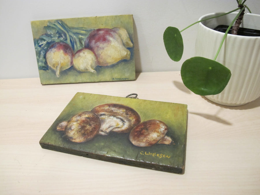 Framed Still Life Painting Art on Wood Mushroom and Radish