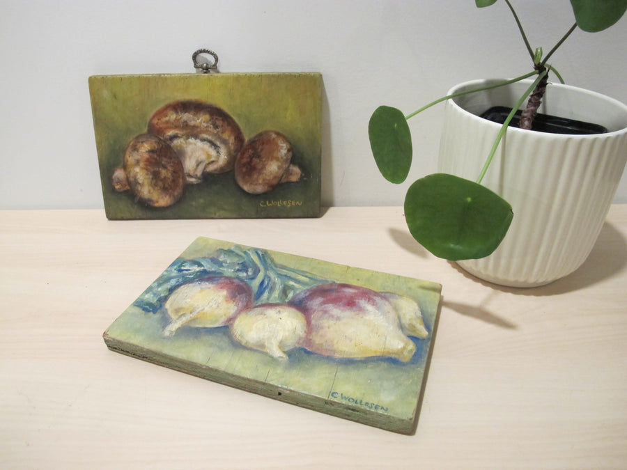 Framed Still Life Painting Art on Wood Mushroom and Radish