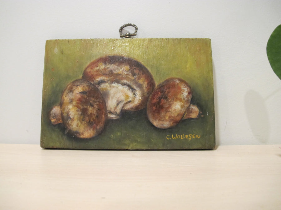 Framed Still Life Painting Art on Wood Mushroom and Radish