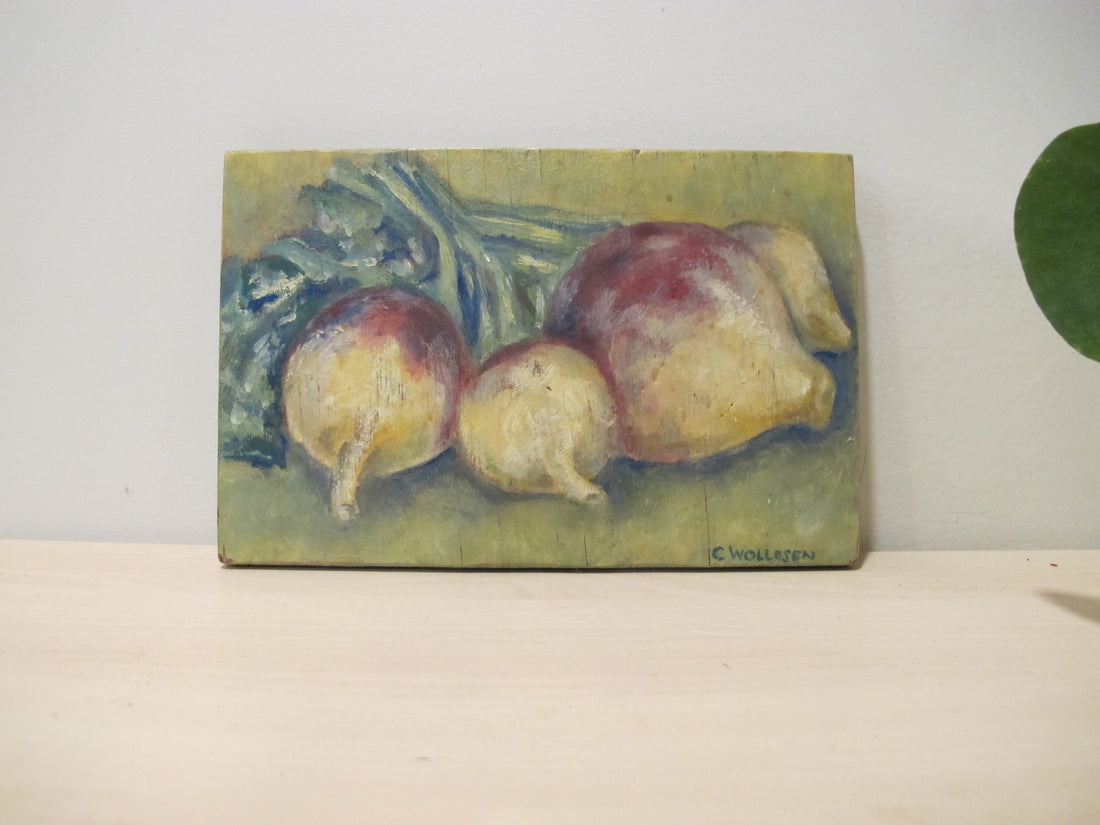 Framed Still Life Painting Art on Wood Mushroom and Radish