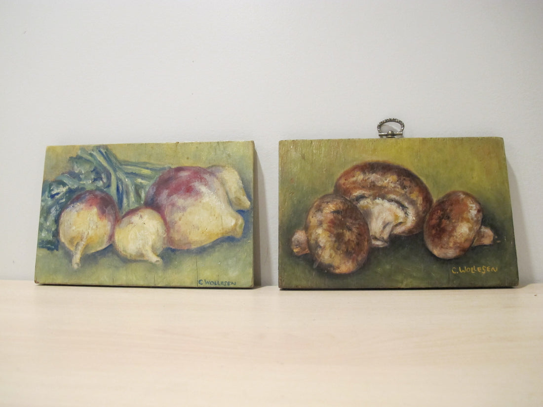 Framed Still Life Painting Art on Wood Mushroom and Radish
