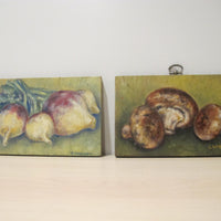 Framed Still Life Painting Art on Wood Mushroom and Radish